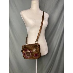 RELIC Brown Faux Leather Floral Crossbody Purse